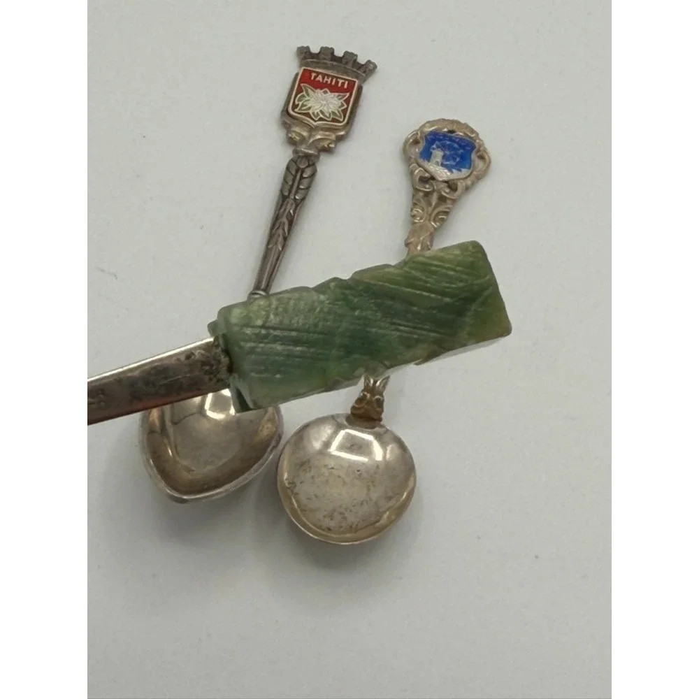 Vintage Souvenir Spoon Lot Mexico Tahiti Alaska Aztec Calendar Jade Handle 4pc